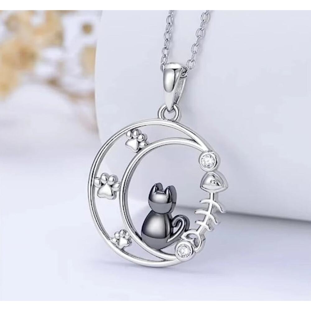 Black Cat Crescent Moon Paw Prints Fish Bones 18"